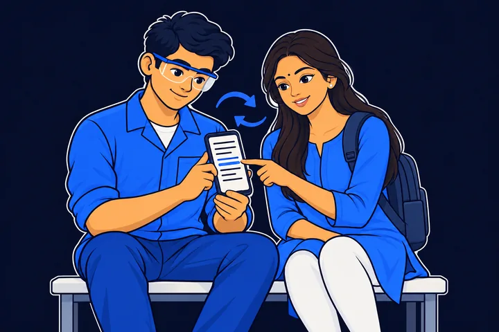 An ITI trainee and a college student sit on a bench and look at one checked note on a phone together. One points at an underlined line.