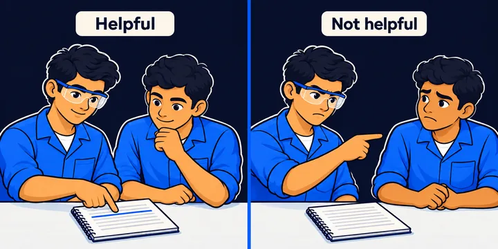 Two pictures side by side. Helpful: a trainee points at the note while his partner listens. Not helpful: the trainee points at his partner, who looks upset.
